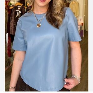THML Light Blue faux leather Short Sleeve Top